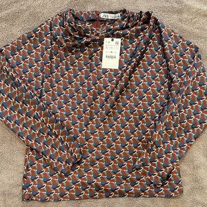 Zara Geometric Long Sleeve Top in Brown and Blue